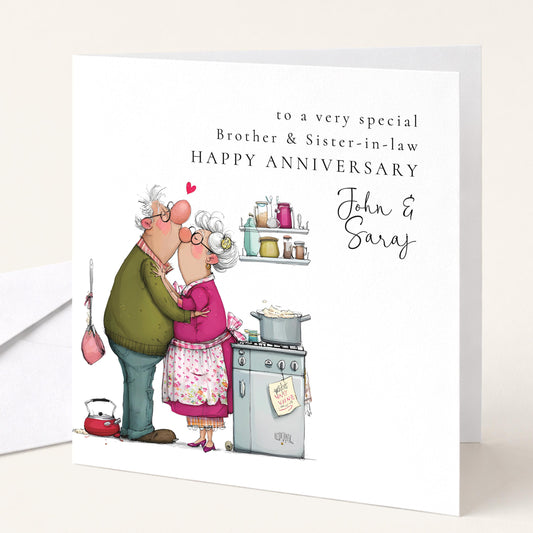 Illustrated kitchen kiss anniversary card personalised for brother and sister-in-law
