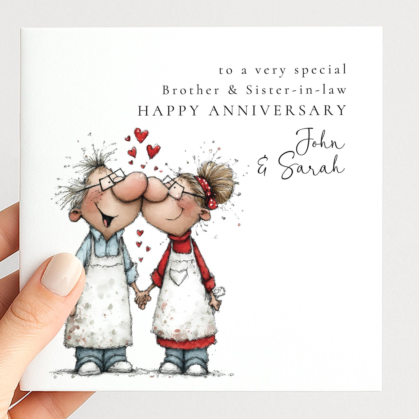Illustrated nose to nose anniversary card personalised for brother and sister-in-law