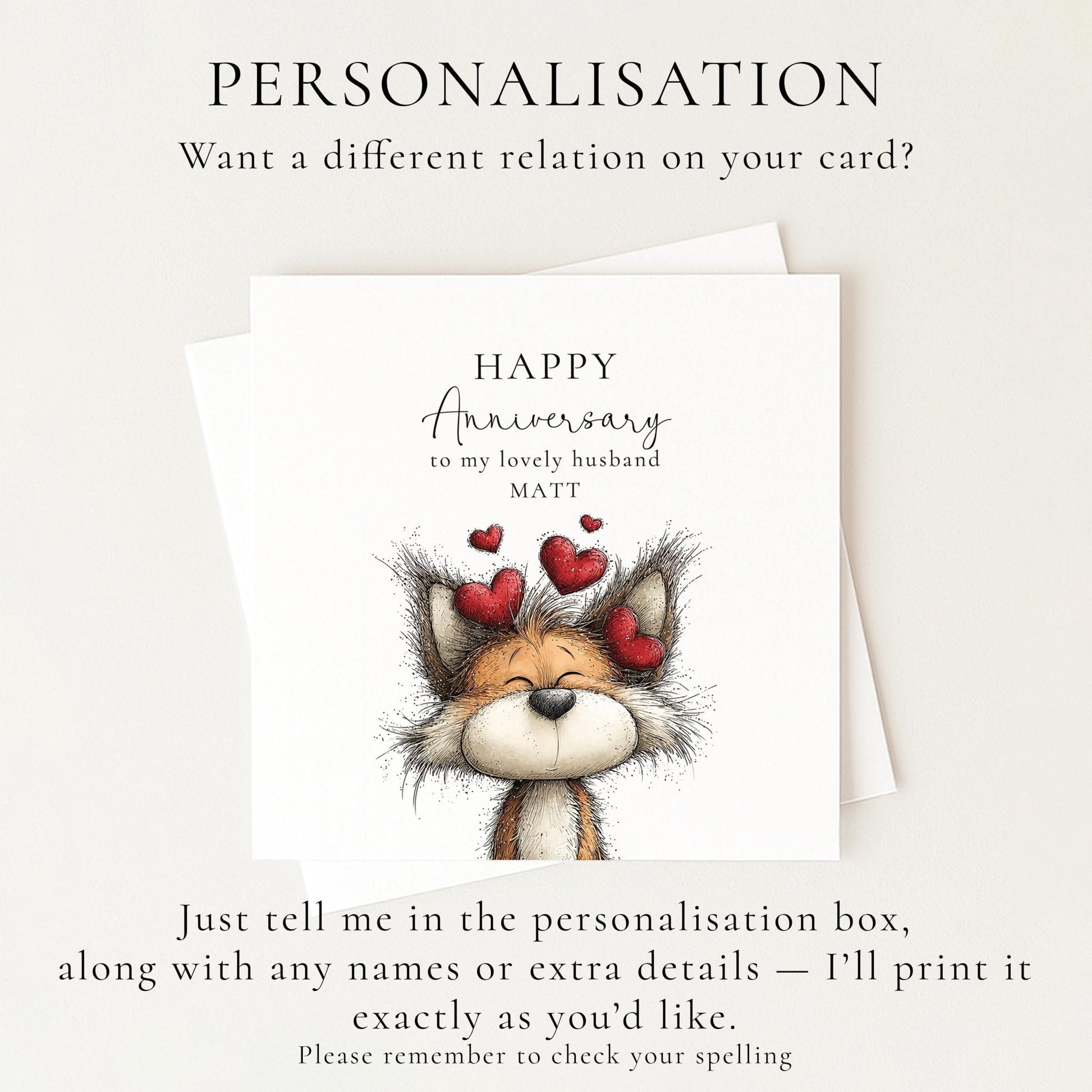 Anniversary Card Husband - Personalised Cute Fox Design With Matte Finish Envelope Included