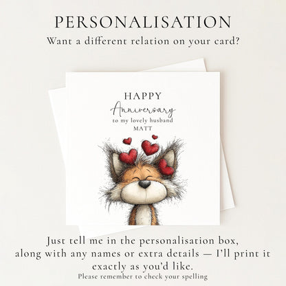 Anniversary Card Husband - Personalised Cute Fox Design With Matte Finish Envelope Included