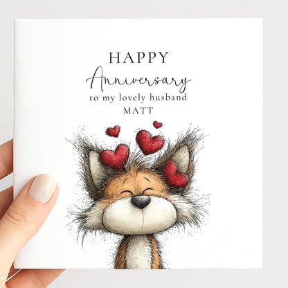 Anniversary Card Husband - Personalised Cute Fox Design With Matte Finish Envelope Included