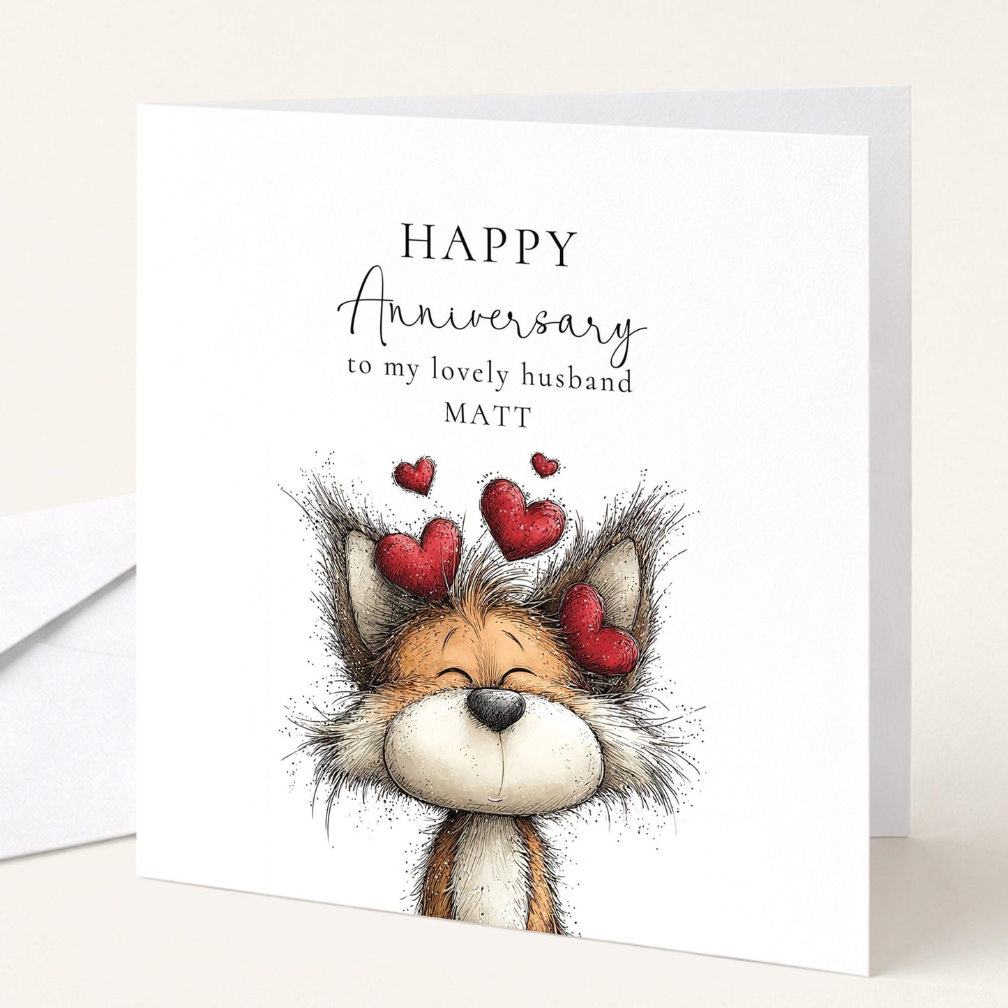 Anniversary Card Husband - Personalised Cute Fox Design With Matte Finish Envelope Included