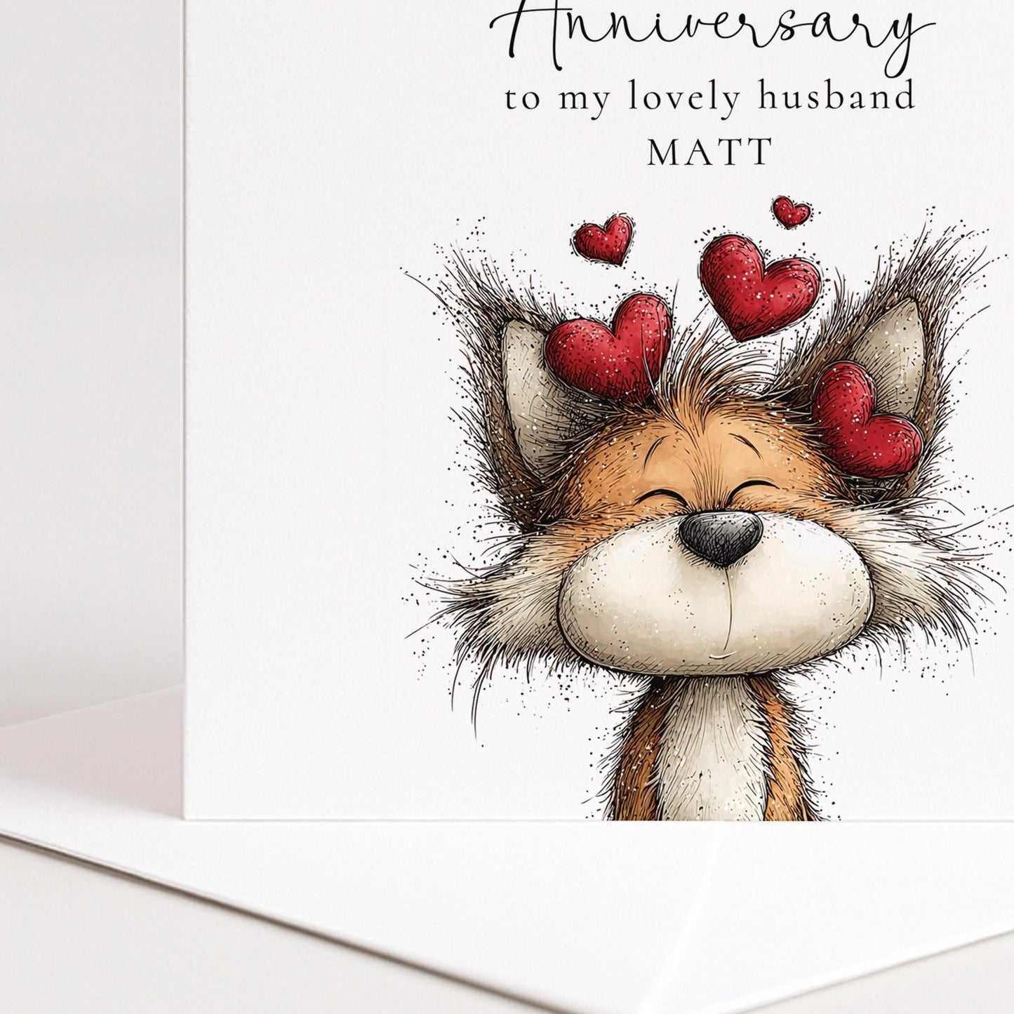 Anniversary Card Husband - Personalised Cute Fox Design With Matte Finish Envelope Included