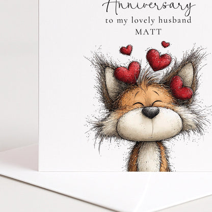 Anniversary Card Husband - Personalised Cute Fox Design With Matte Finish Envelope Included