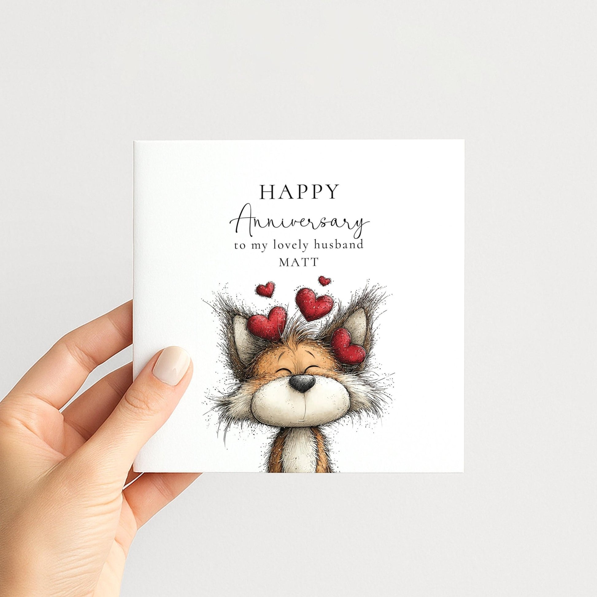 Anniversary Card Husband - Personalised Cute Fox Design With Matte Finish Envelope Included