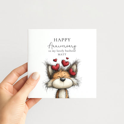Anniversary Card Husband - Personalised Cute Fox Design With Matte Finish Envelope Included