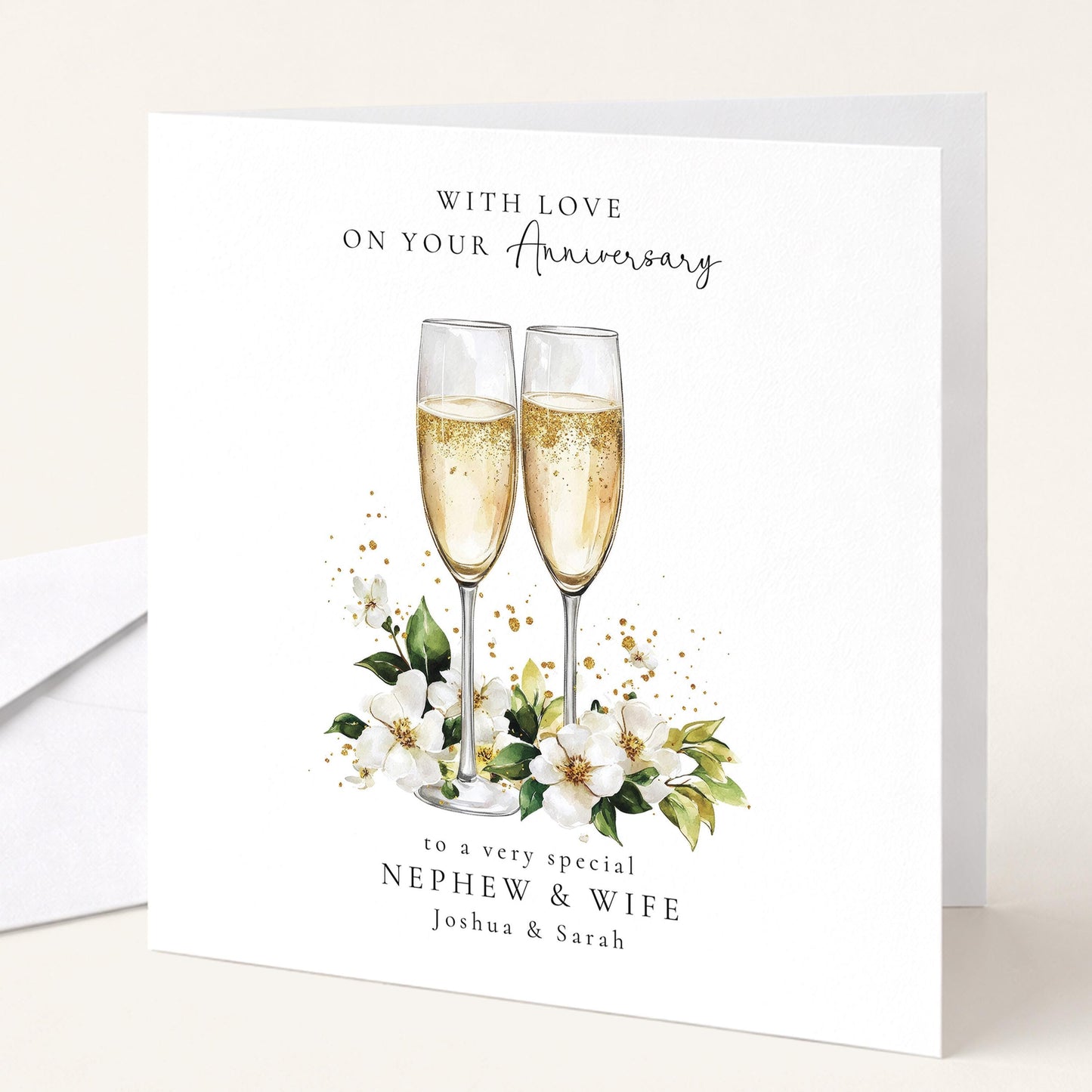 Champagne and blossom anniversary card personalised for nephew and wife
