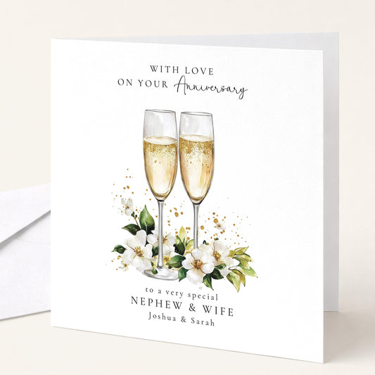 Champagne and blossom anniversary card personalised for nephew and wife