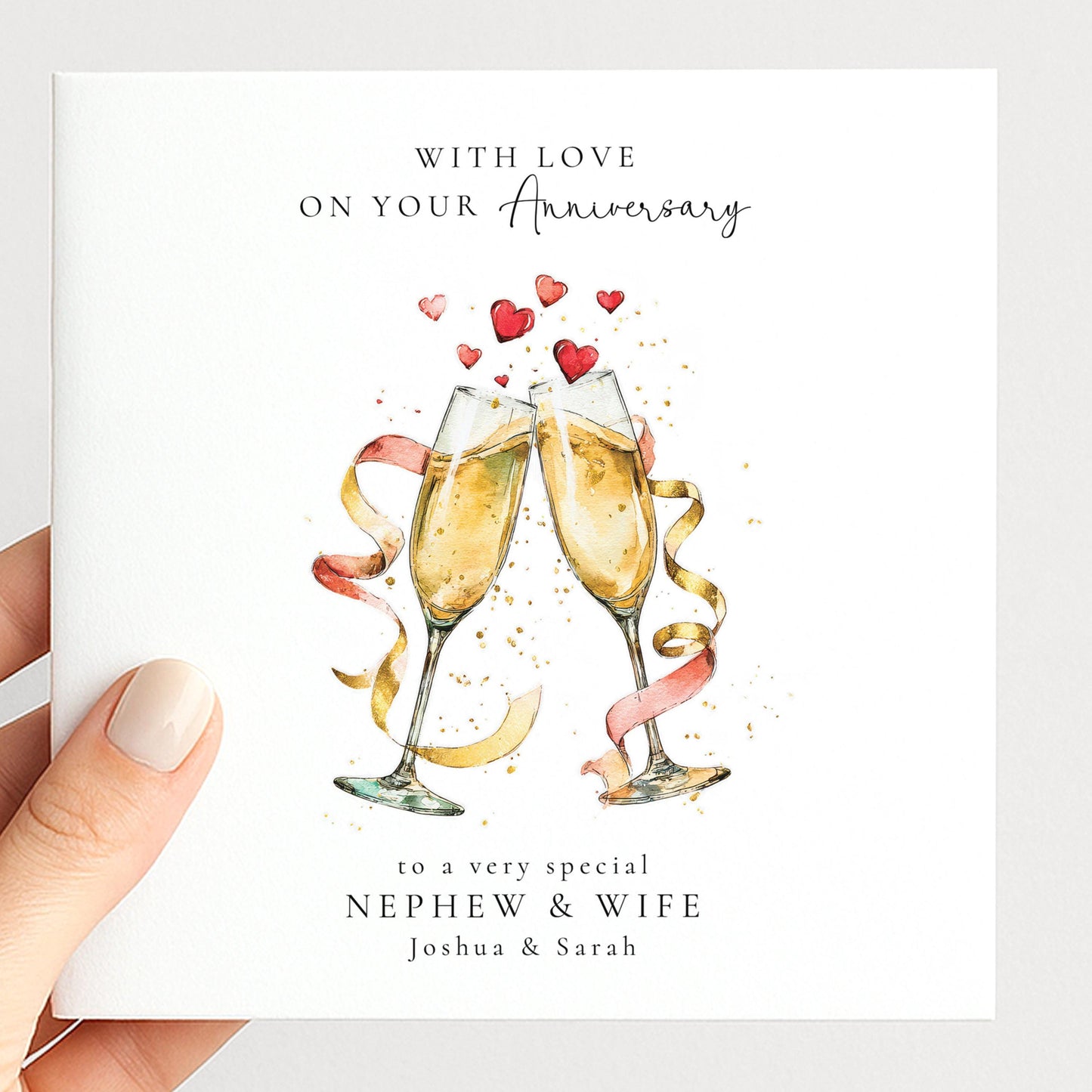 Champagne toast anniversary card personalised for nephew and wife
