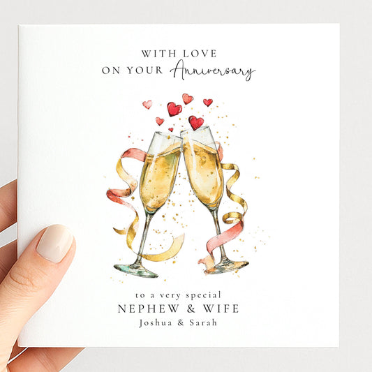 Champagne toast anniversary card personalised for nephew and wife
