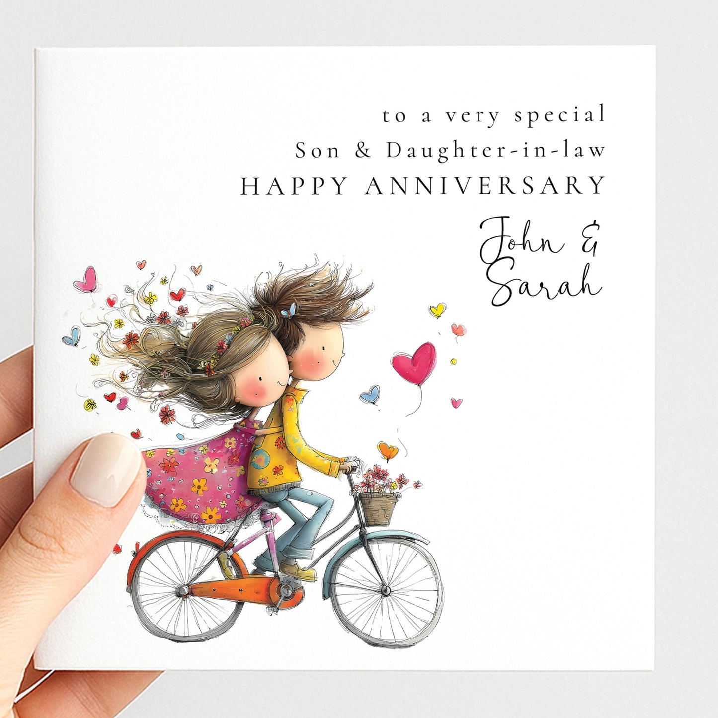 Illustrated bicycle anniversary card personalised for son and daughter-in-law