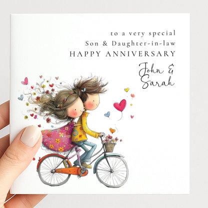 Illustrated bicycle anniversary card personalised for son and daughter-in-law