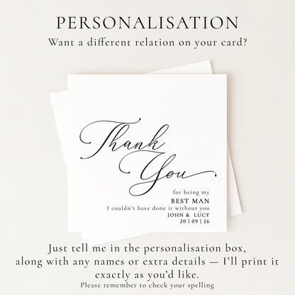Whimsi Lilley Best Man Thank You Card featuring "Will You Be" message with elegant design and heartfelt sentiment.