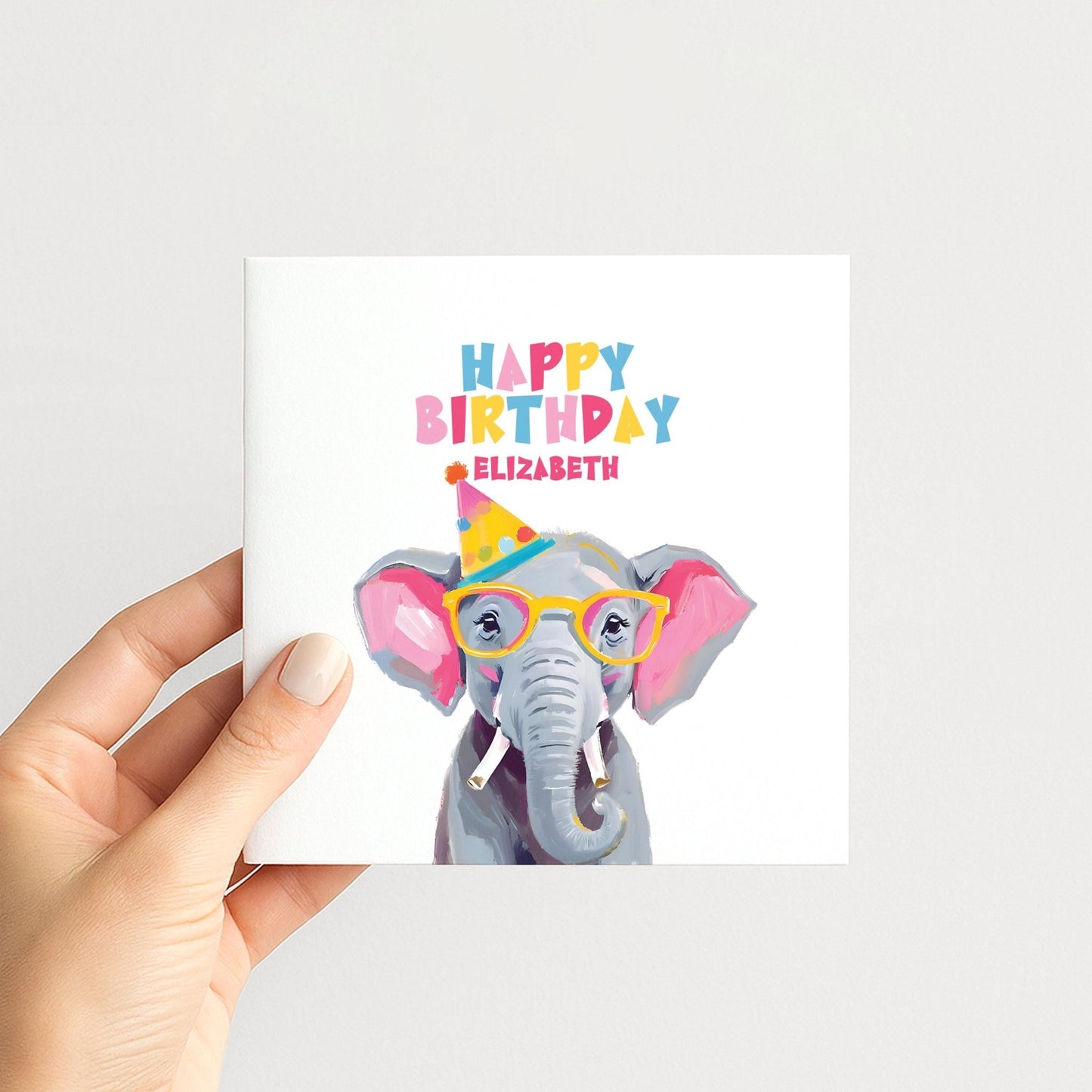 Birthday Card Child – Personalised Elephant Design | Colourful Kids Party Card - Whimsi Lilley