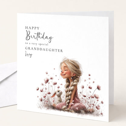Birthday Card Granddaughter | Personalised Floral Design With Cute Girl Illustration