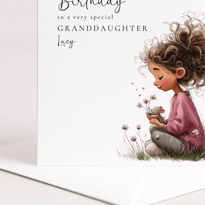 Birthday Card Granddaughter – Personalised Floral Greeting With Sweet Girl Illustration