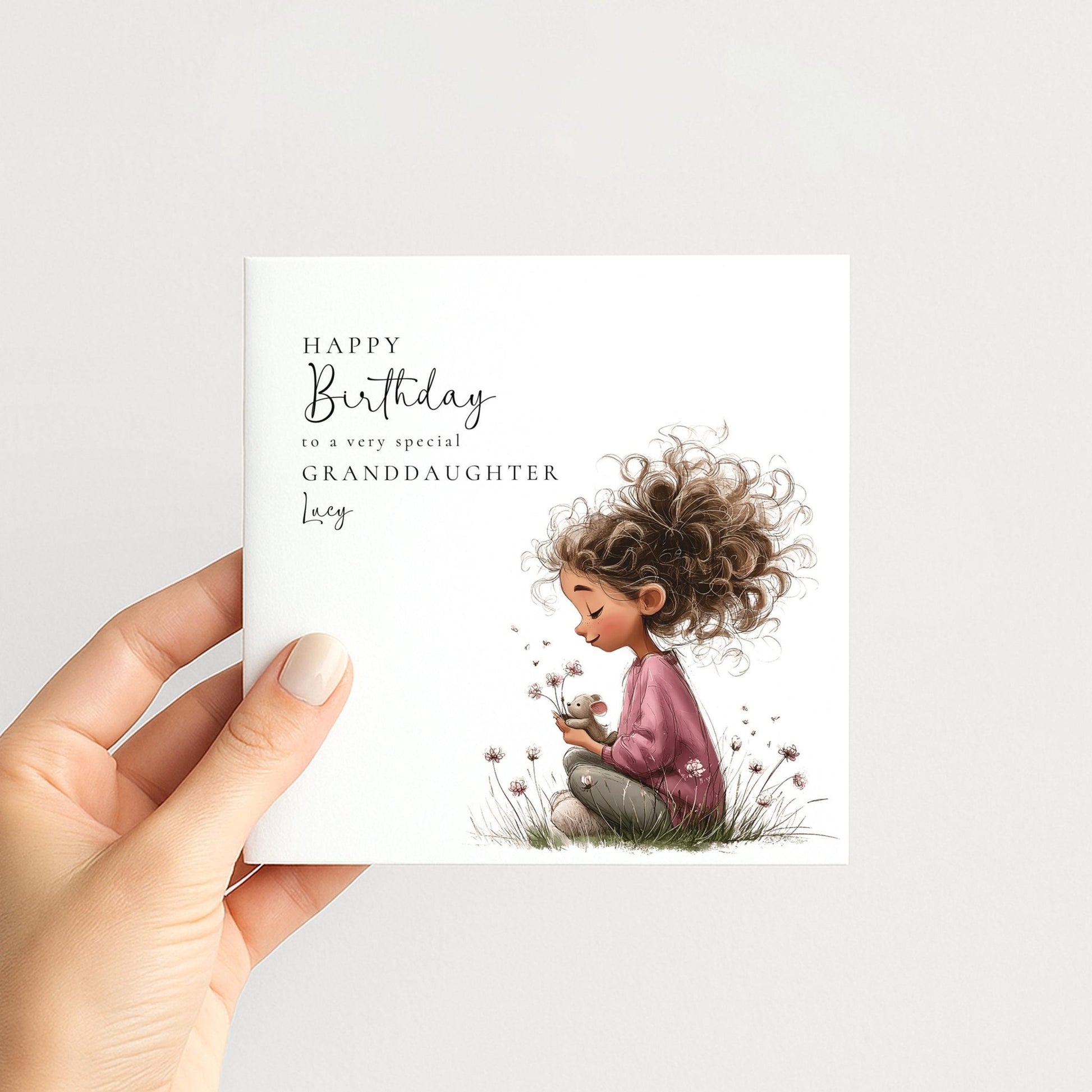 Birthday Card Granddaughter – Personalised Floral Greeting With Sweet Girl Illustration