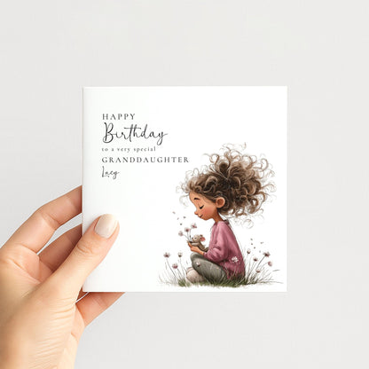 Birthday Card Granddaughter – Personalised Floral Greeting With Sweet Girl Illustration