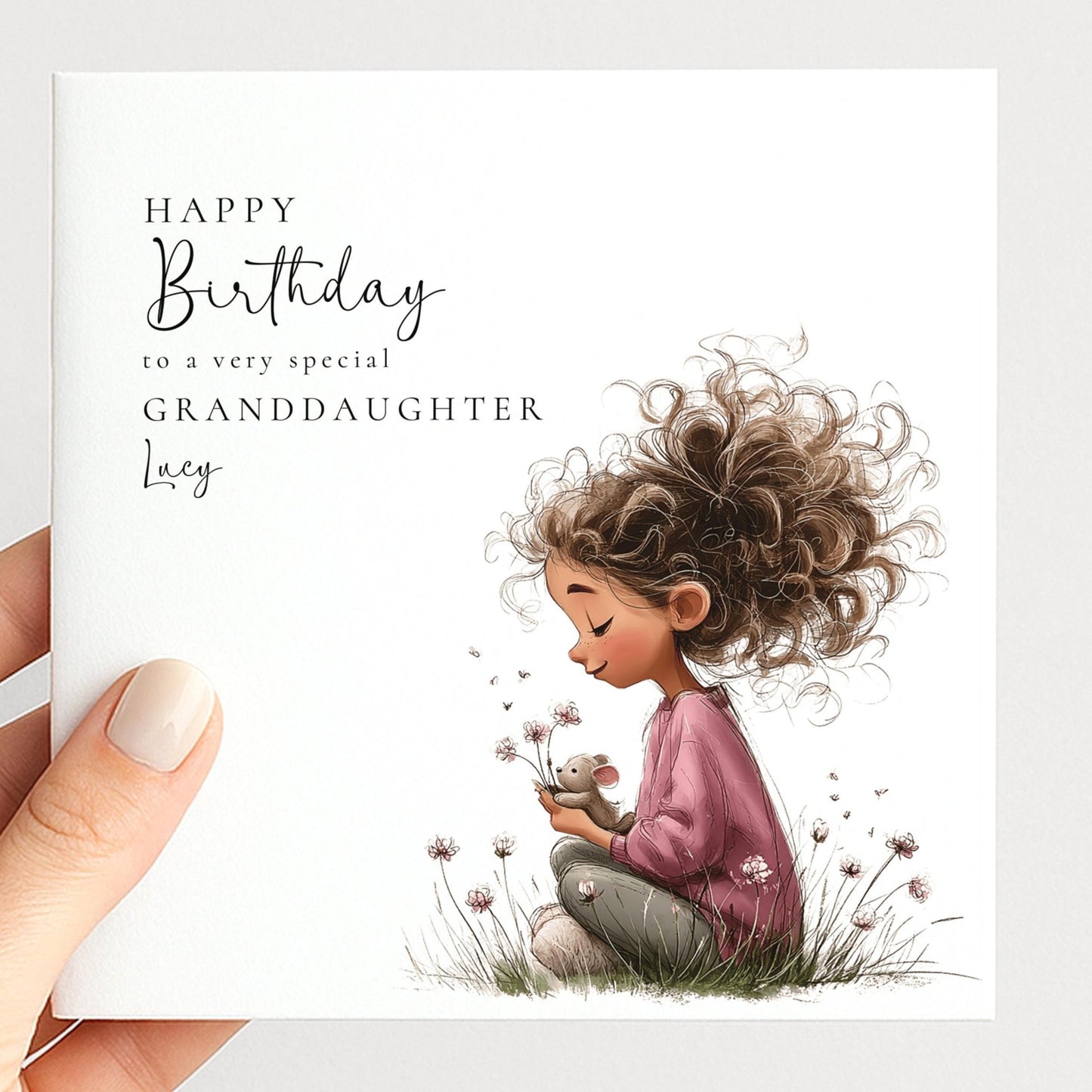 Birthday Card Granddaughter – Personalised Floral Greeting With Sweet Girl Illustration
