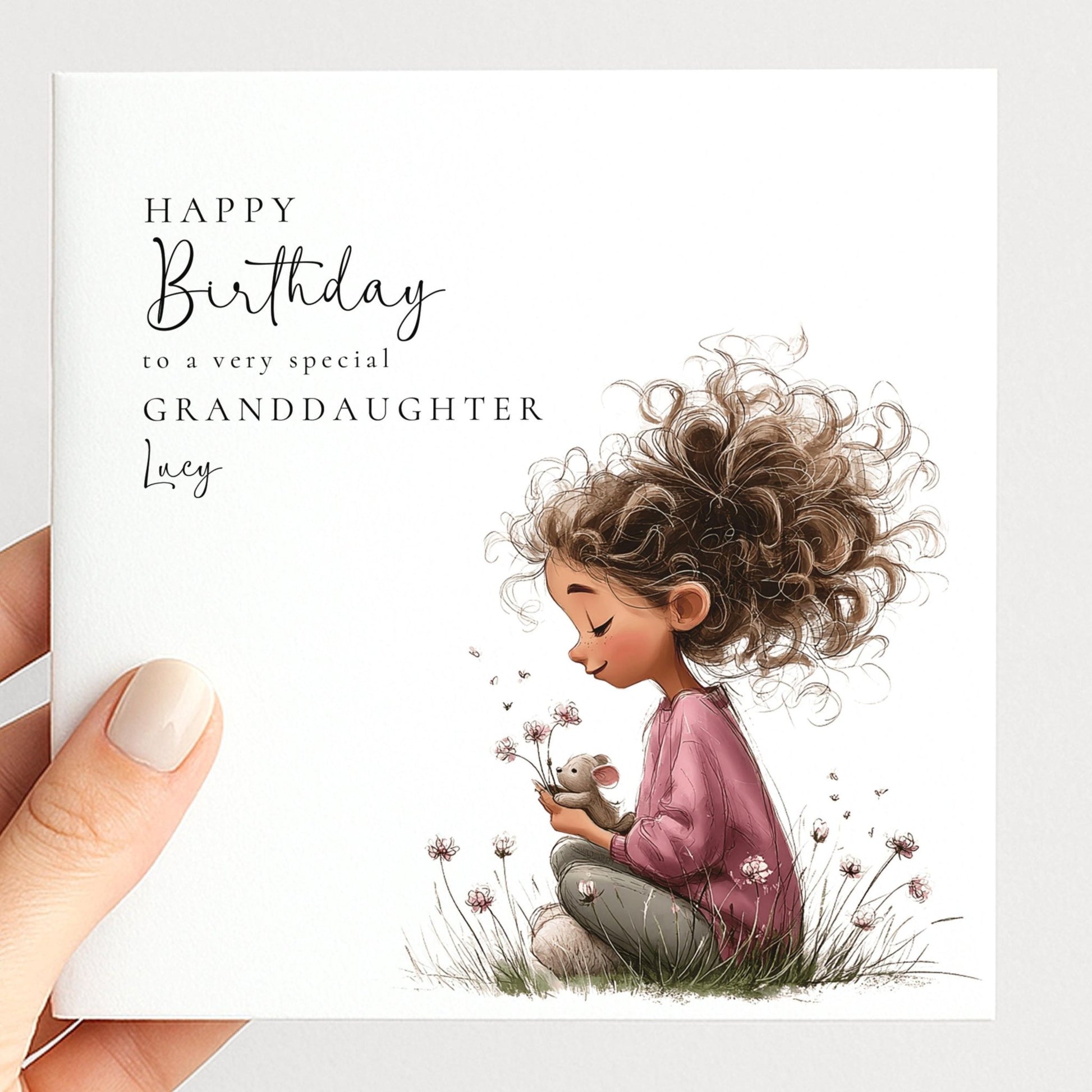 Birthday Card Granddaughter – Personalised Floral Greeting With Sweet Girl Illustration