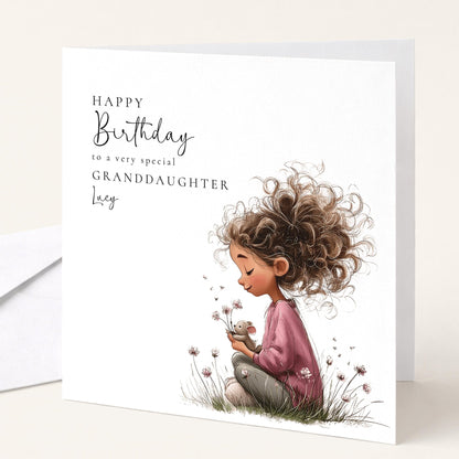 Birthday Card Granddaughter – Personalised Floral Greeting With Sweet Girl Illustration