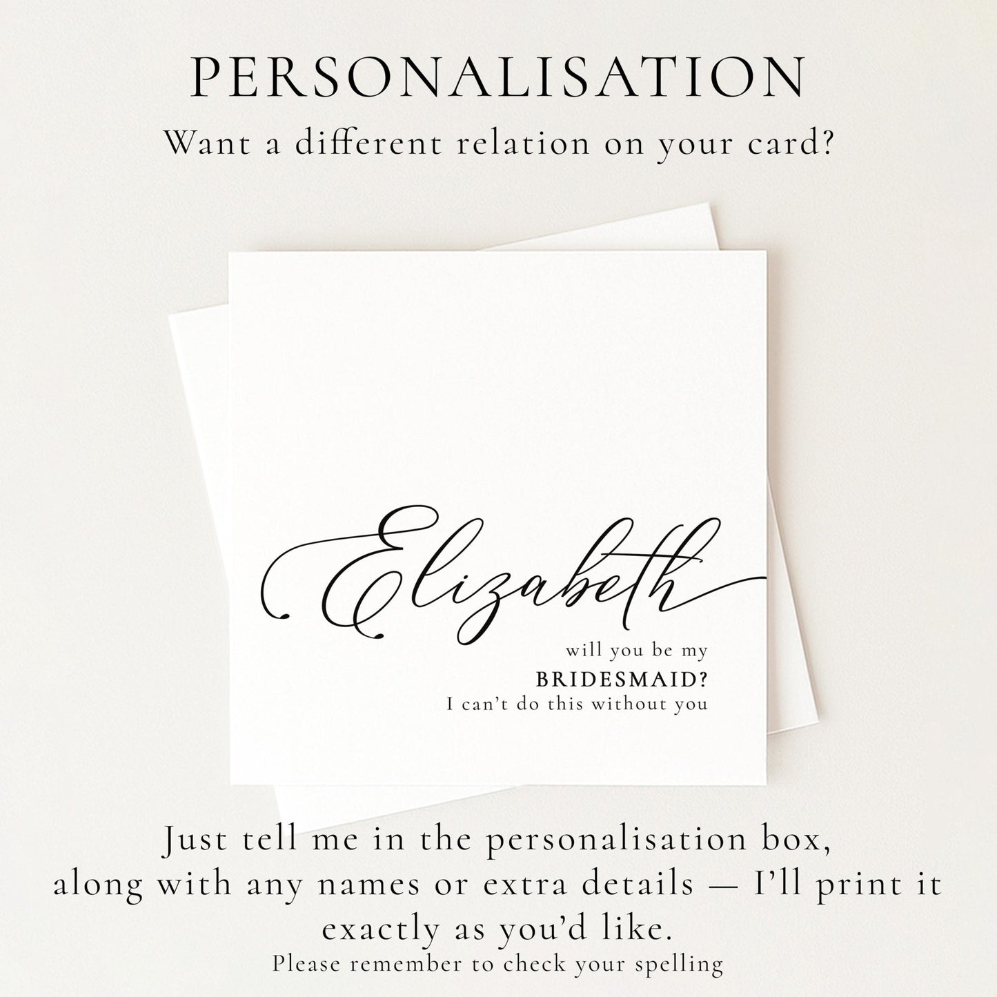 Whimsi Lilley bridesmaid proposal card with "Will You Be My Bridesmaid" message on elegant white background.