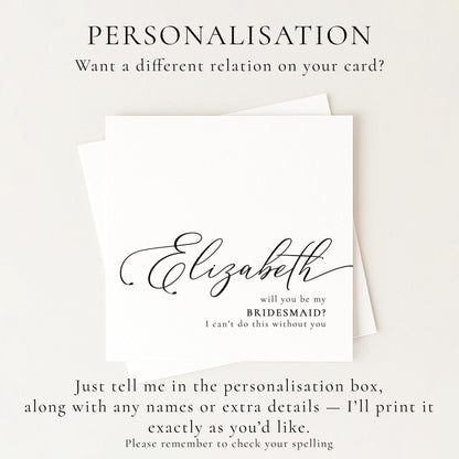 Whimsi Lilley bridesmaid proposal card with "Will You Be My Bridesmaid" message on elegant white background.