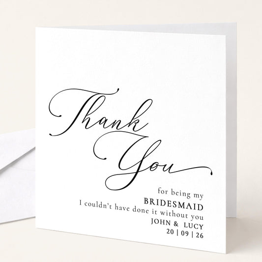 Whimsi Lilley bridesmaid thank you card with "Will You Be..." message, featuring elegant floral design and script lettering.