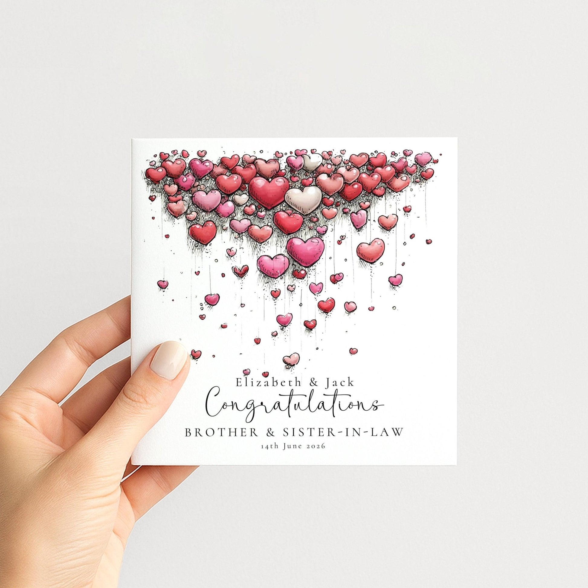 Brother Sister In Law Wedding Card - Personalised Elegant Keepsake With Hearts - Whimsi Lilley