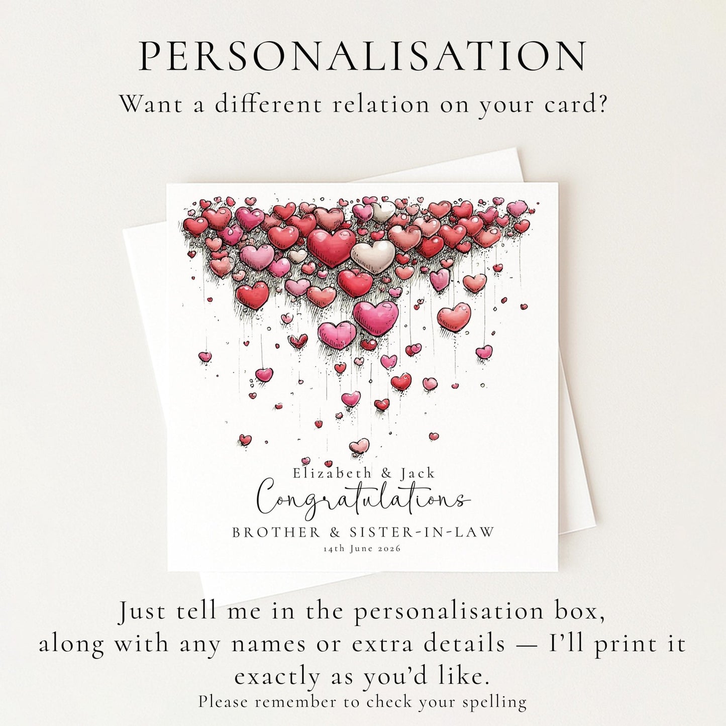 Brother Sister In Law Wedding Card - Personalised Elegant Keepsake With Hearts - Whimsi Lilley