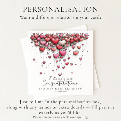 Brother Sister In Law Wedding Card - Personalised Elegant Keepsake With Hearts - Whimsi Lilley