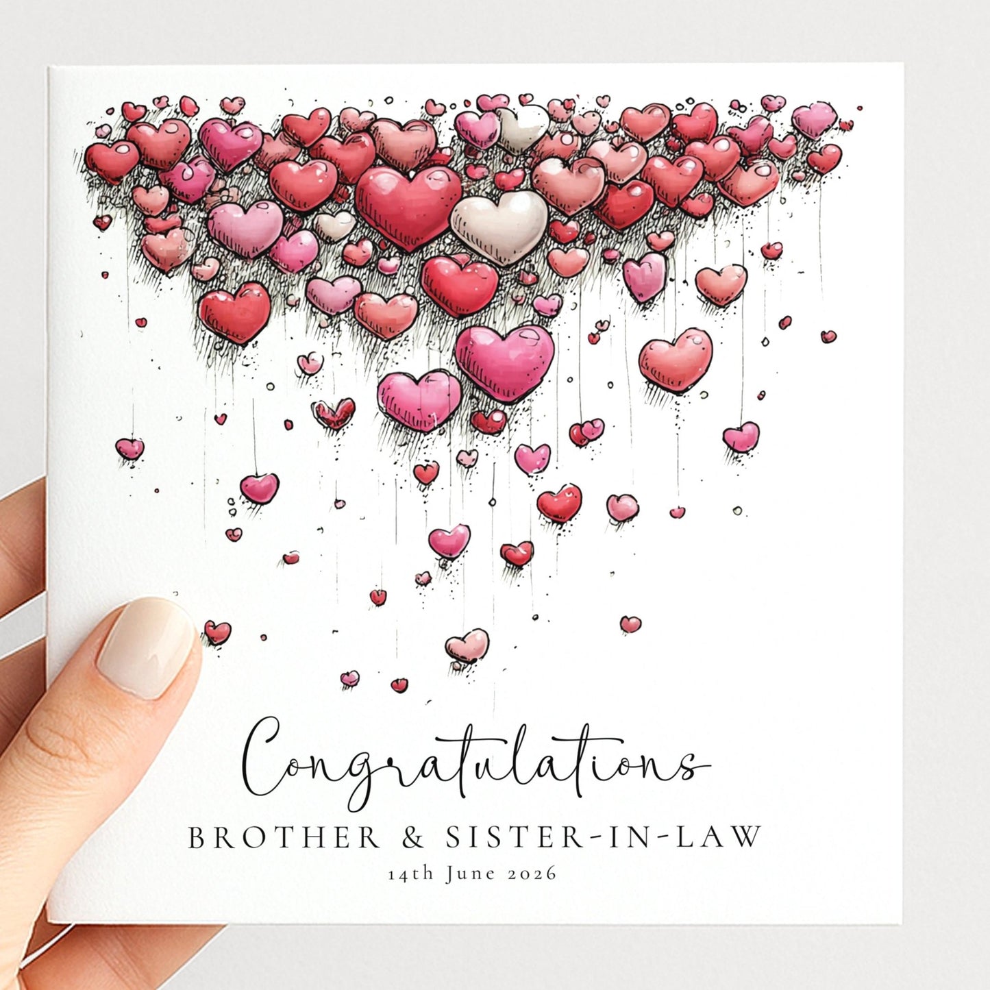 Brother Sister In Law Wedding Card - Personalised Elegant Keepsake With Hearts - Whimsi Lilley