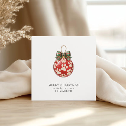 Cat Mum Christmas Card – Personalised Paw Print Bauble Festive Greeting - Whimsi Lilley
