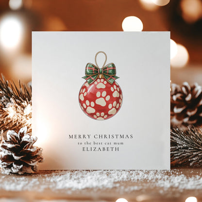 Cat Mum Christmas Card – Personalised Paw Print Bauble Festive Greeting - Whimsi Lilley
