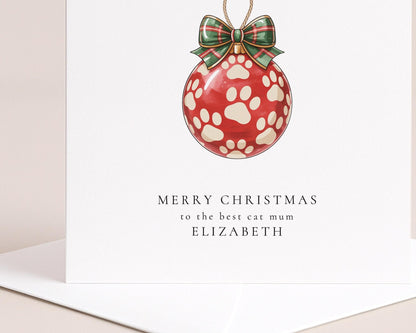 Cat Mum Christmas Card – Personalised Paw Print Bauble Festive Greeting - Whimsi Lilley