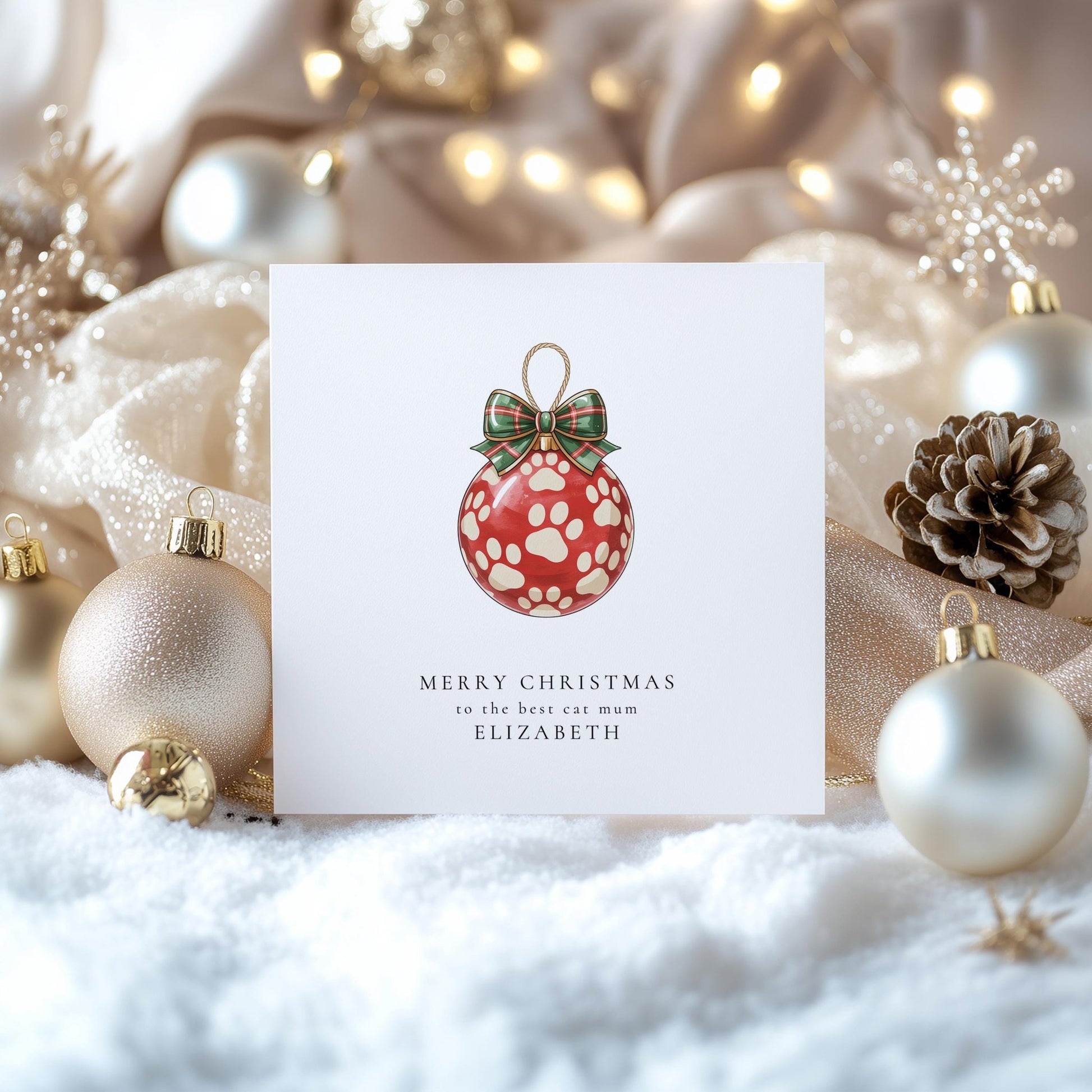 Cat Mum Christmas Card – Personalised Paw Print Bauble Festive Greeting - Whimsi Lilley