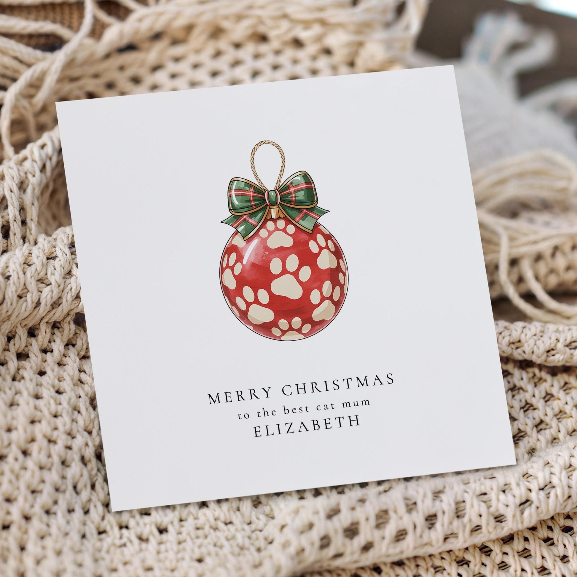 Cat Mum Christmas Card – Personalised Paw Print Bauble Festive Greeting - Whimsi Lilley