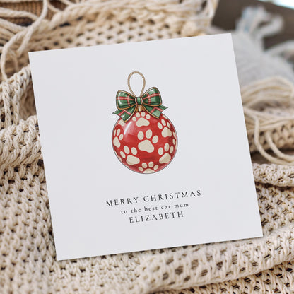 Cat Mum Christmas Card – Personalised Paw Print Bauble Festive Greeting - Whimsi Lilley