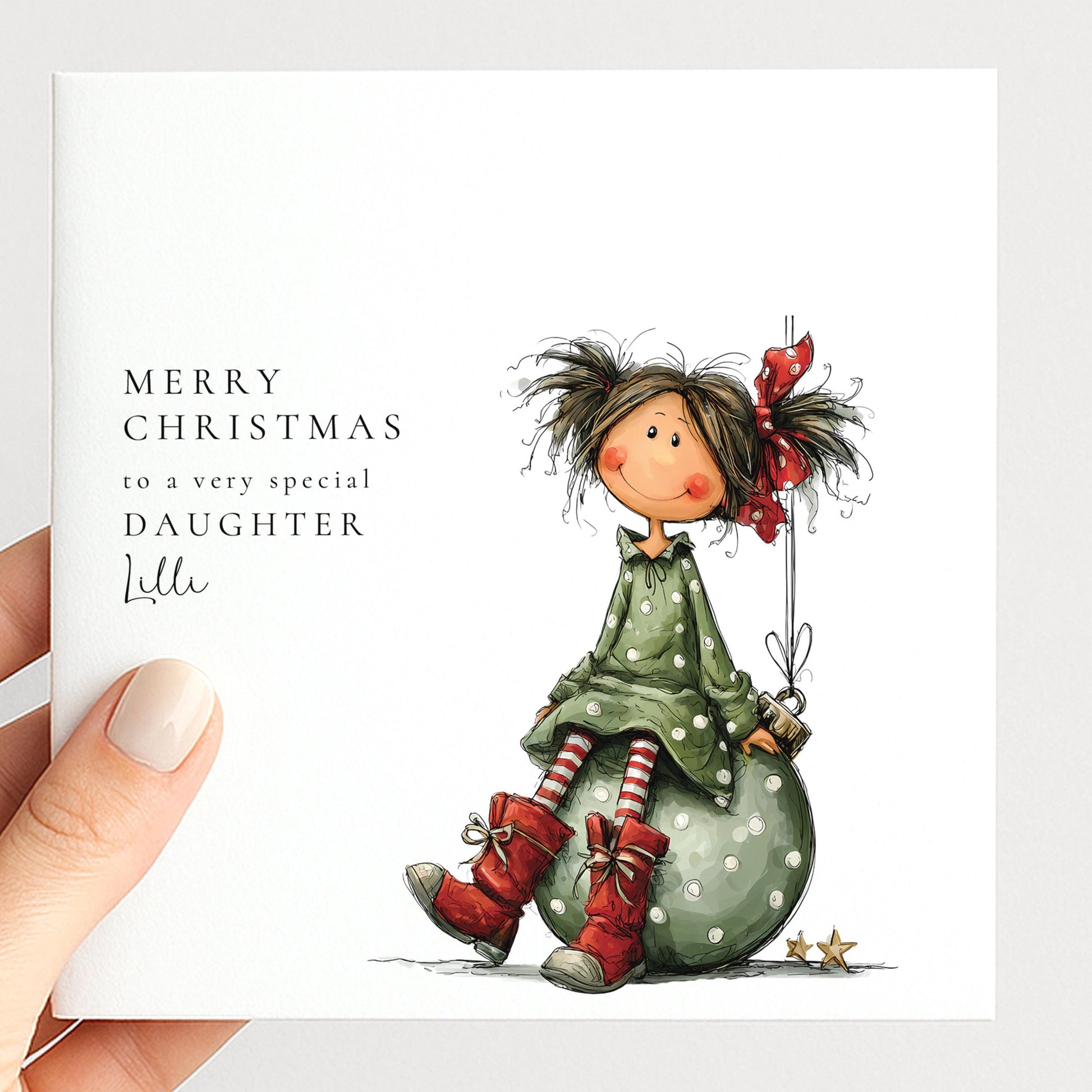 Sketched girl on a bauble Christmas card personalised for daughter