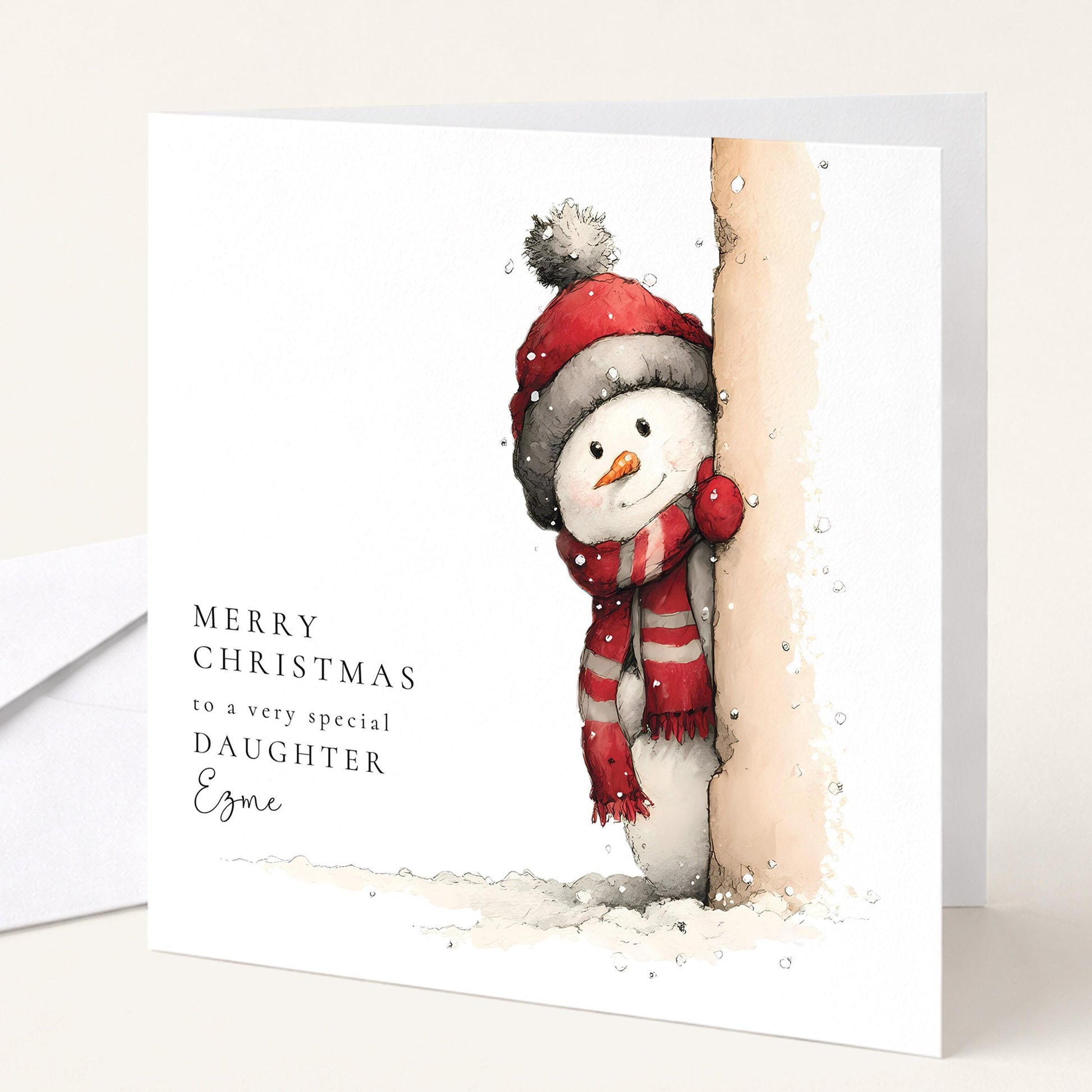 Peeking snowman Christmas card personalised for daughter