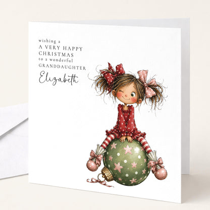 Sketched girl on a bauble Christmas card personalised for granddaughter