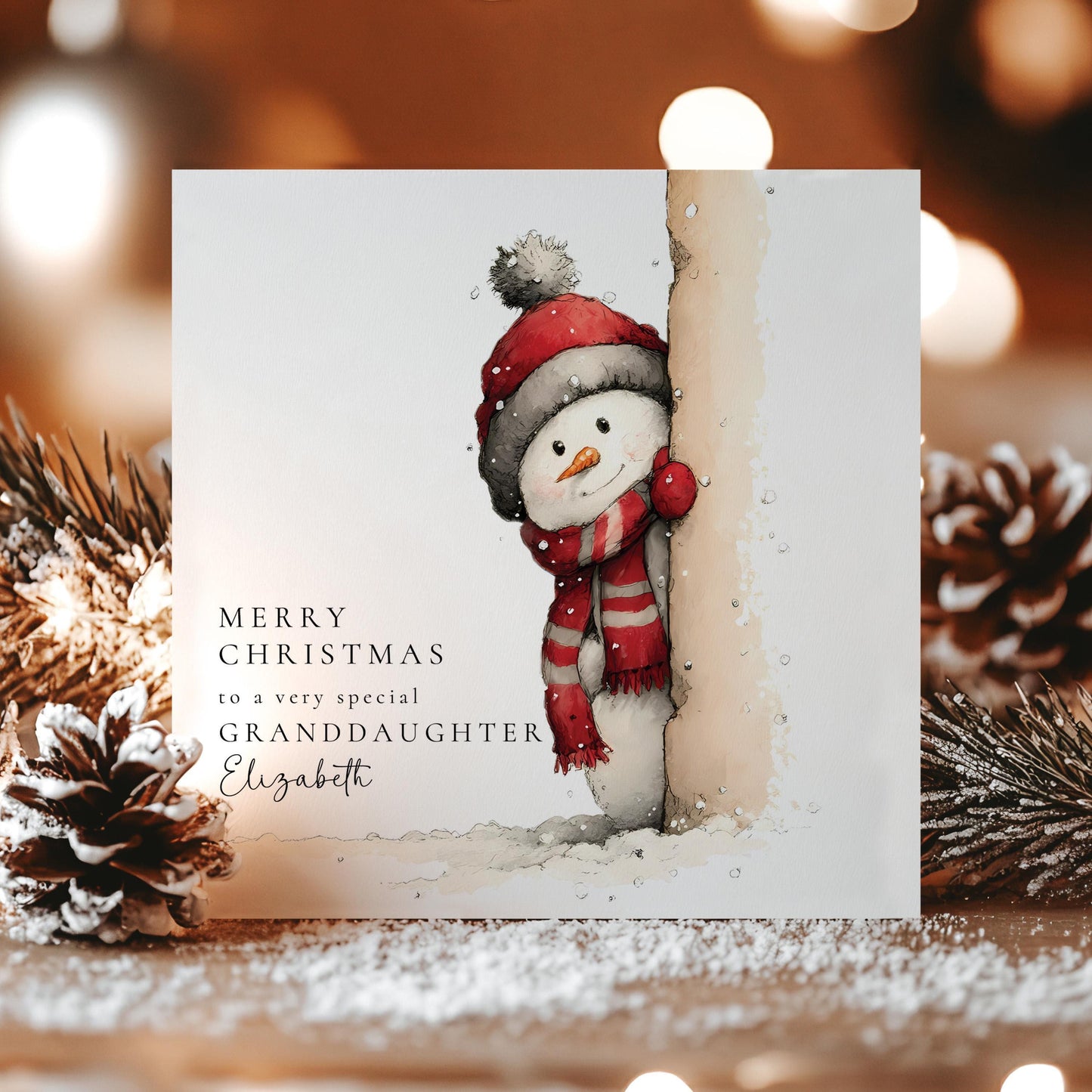 Peeking snowman Christmas card personalised for granddaughter