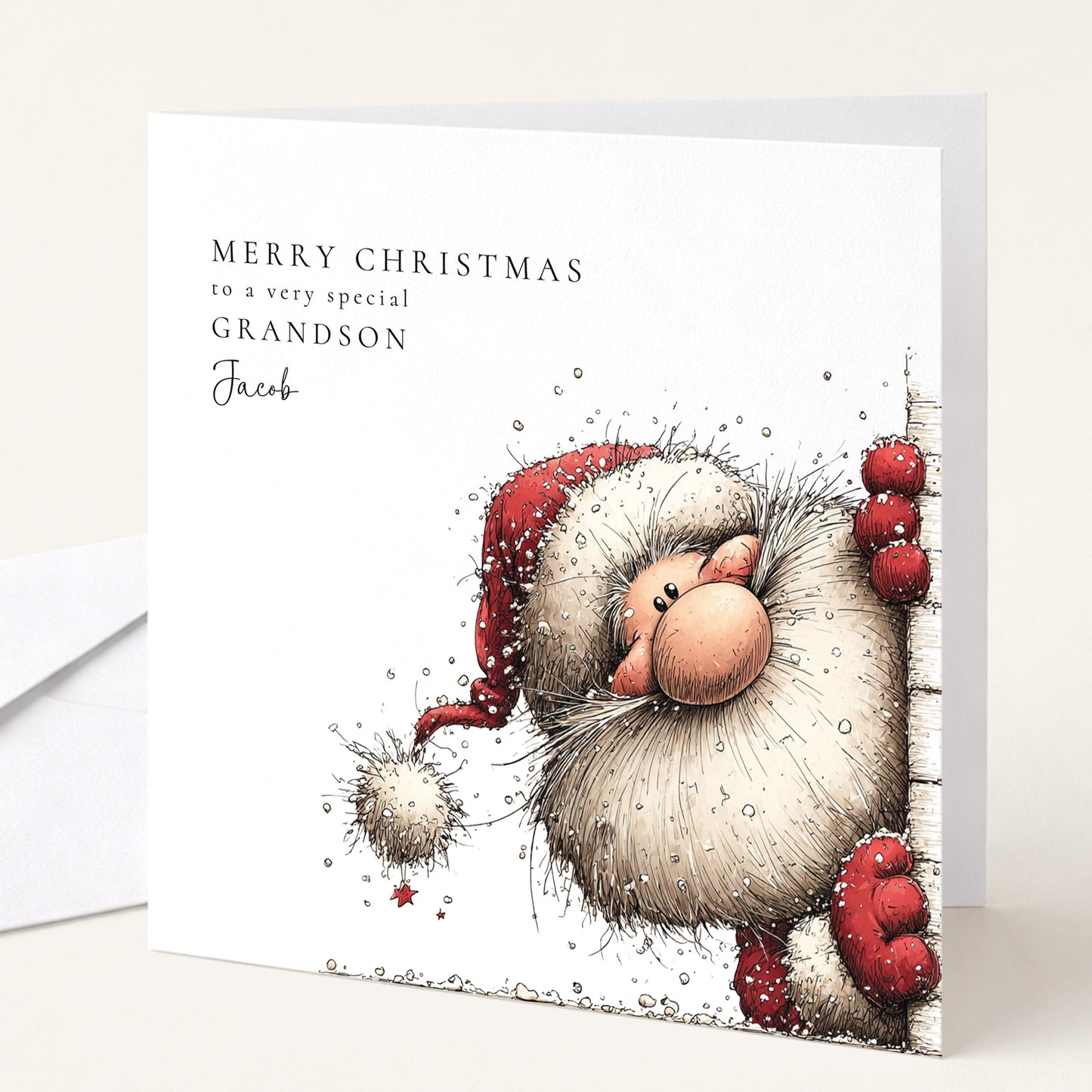 Fluffy sketched Santa Christmas card personalised for grandson, snowy illustration
