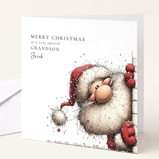 Fluffy sketched Santa Christmas card personalised for grandson, snowy illustration
