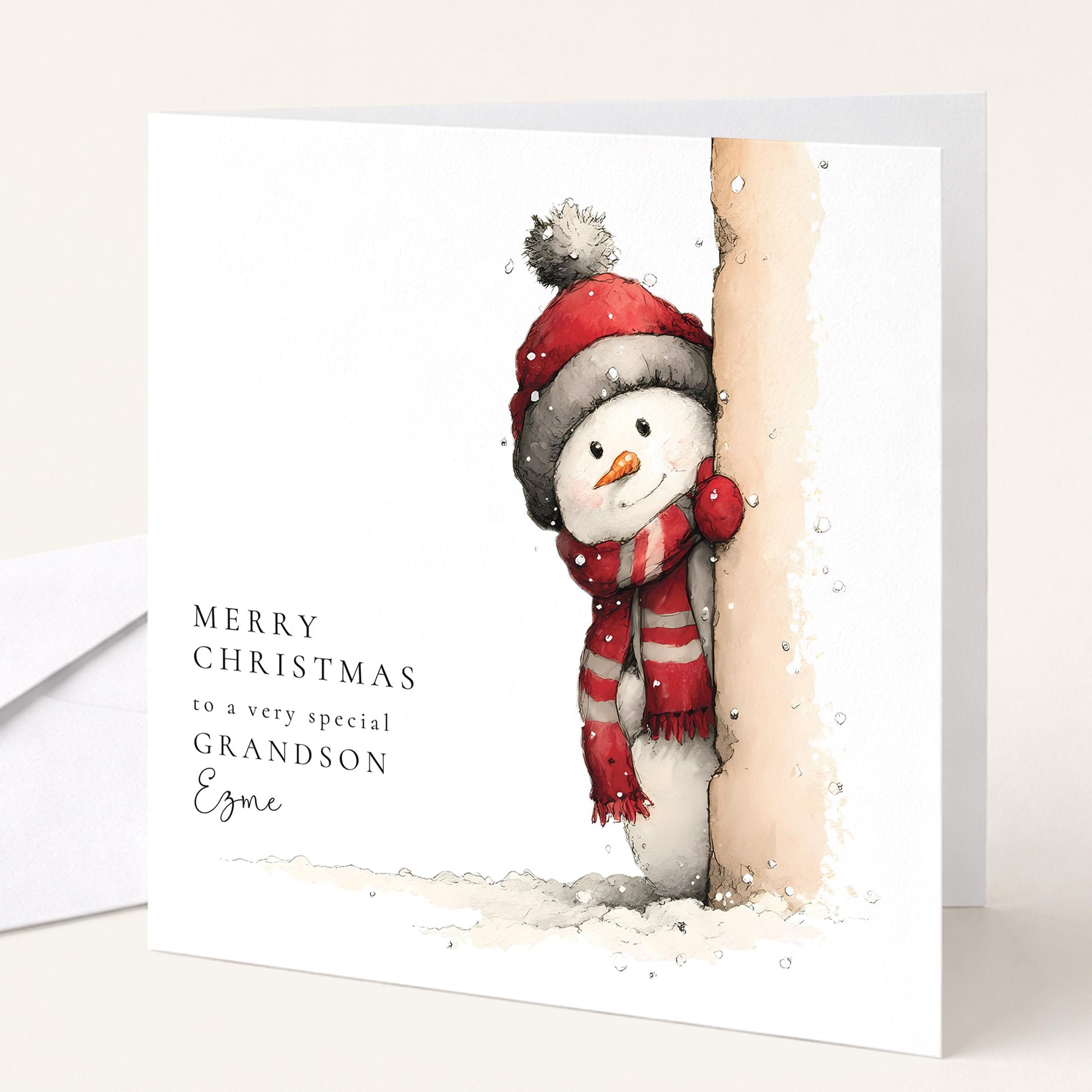 Peeking snowman Christmas card personalised for grandson