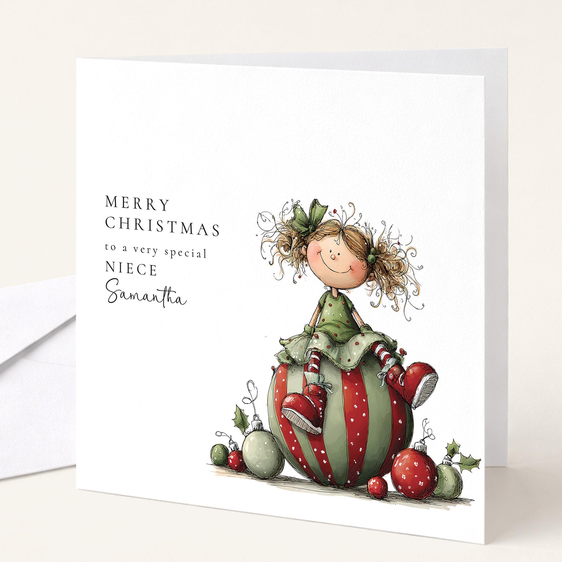 Curly-haired girl on striped bauble Christmas card personalised for niece