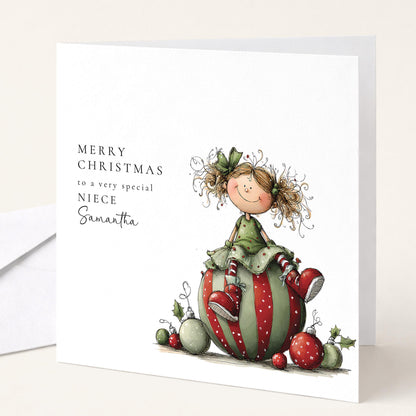 Curly-haired girl on striped bauble Christmas card personalised for niece