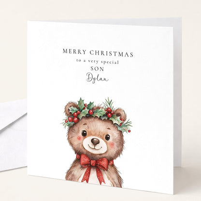 Cute holly crown bear Christmas card for a special son, personalised with his name, printed on 300gsm card