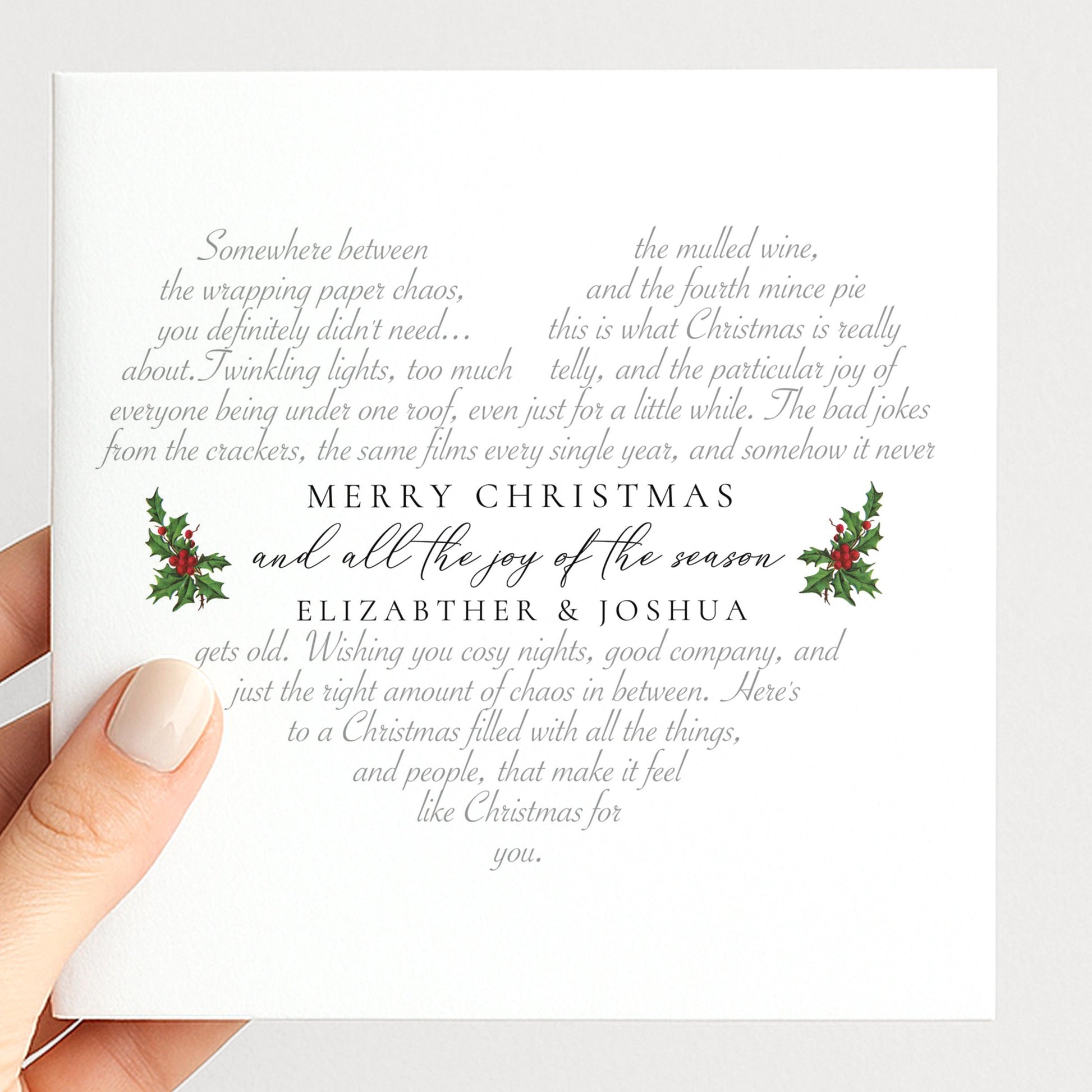 Personalised Christmas poem card, all the joy of the season, holly