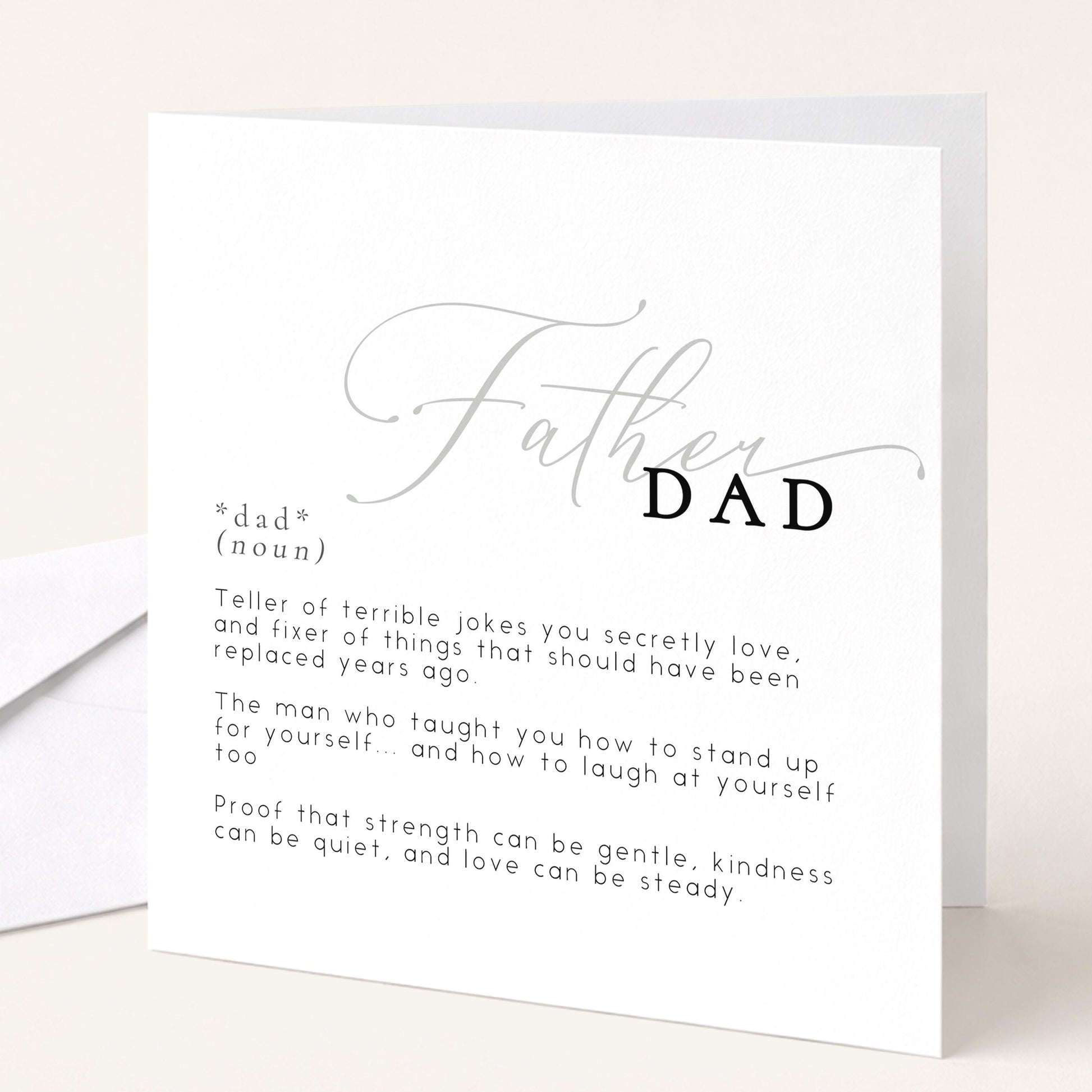 Funny heartfelt birthday card for Dad with witty dictionary definition design and calligraphy lettering, printed on 300gsm card